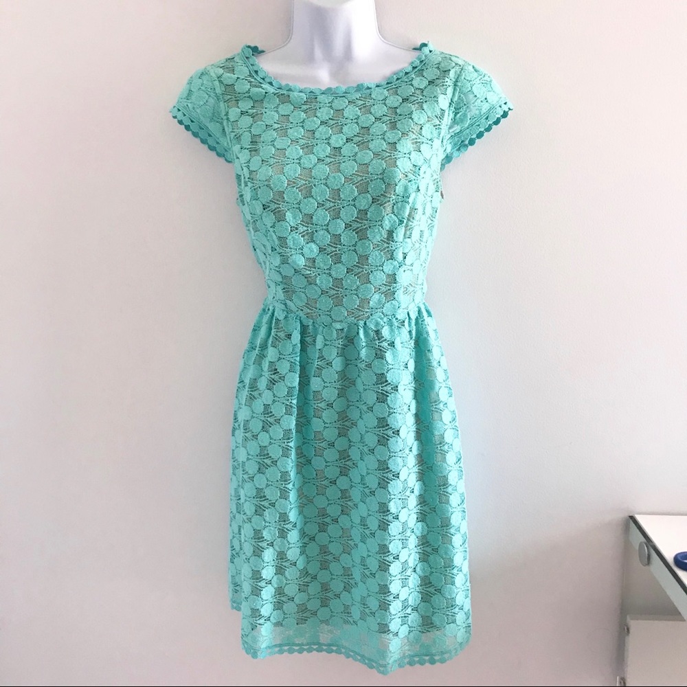 Kensie Turquoise Lace Crochet Cap Sleeve Boho Spring Summer Dress Dress